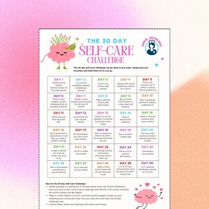 Op de afbeelding: Een kleurrijke, printbare 30-daagse zelfzorgchallenge met een hersenillustratie. De uitdaging omvat activiteiten zoals het bereiden van maaltijden, wandelen en mindfulness oefeningen.