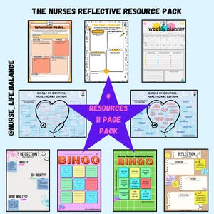 Può includere: Una raccolta di nove risorse riflessive per infermieri, tra cui un pianificatore settimanale, un debriefing giornaliero e giochi di bingo. Il pacchetto presenta una grafica a stella viola con il testo "9 RESOURCES 11 PAGE PACK".