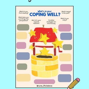 Może przedstawiać: Kolorowy wykres zasobów dobrego samopoczucia z tekstem "Wellbeing resources" u góry. Wykres przedstawia ilustrację studni z gwiazdami i pytaniami takimi jak "What's in your COPING WELL?" i "What do you enjoy?" Ołówek znajduje się w prawym dolnym rogu.
