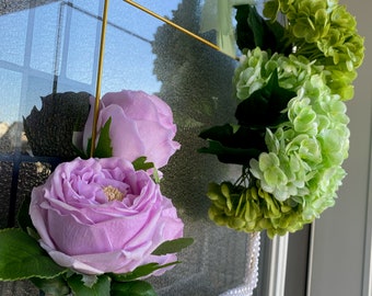 Reach Touch Green Hydrangea and Lilac Rose Wreath Accented by Faux Fresh water Pearls and Eucalyptus Chiffon Ribbon.