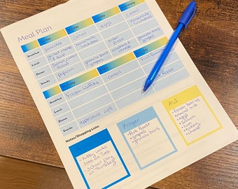 Essensplan zum Ausdrucken, Ausmalbild Summer Vibes. Platz für Einkaufszettel oder Notizen.