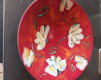 Splendido sottopiatto in ceramica Poole con piedistallo, arancione e rosso con fiori bianchi