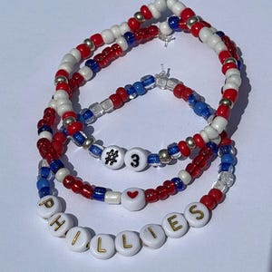 Philadelphia Phillies Bryce Harper Beaded Bracelet Set, Seed Bead Bracelet Set, Red, White, Blue Baseball Three 3 Glass Bracelet Set