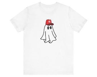 Philadelphia Phillies Red October Ghost wygodna koszulka biała, Phillies Playoff wygodna koszulka, Halloween Baseball T-shirt, męska, damska