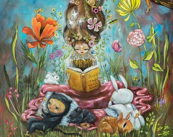 Children reading a storybook, Mother Nature, stars moon, flowers, white bunny rabbit, black kitty cat, baby deer fawn, red fox, beehive hair