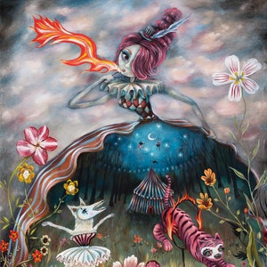Fire Breather, Circus Girl, Ringmaster, Kitty Cat, Circus Tent, Pink Tiger, Flowers, Fine Art Print by Heather Renaux image 1