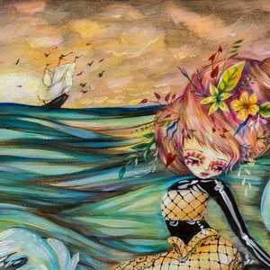 Stranded. Mermaid, Day of the Dead, Sugar Skull, Dia de los Muertos, Pirate Ship, Jellyfish, Sea, Ocean- Fine Art Print - Heather Renaux