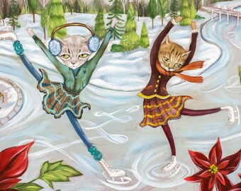 Cat Art, Ocicats, Cats, Cat Ice Skaters, kitties ice skating, poinsettia flowers, ice lake, lake skating, ice river - Print - Heather Renaux