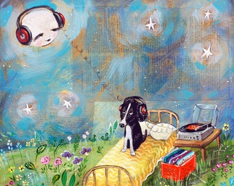 Black Dog, Full Moon, Record Player, Animal Art, Dog Lover, Flower Garden, Nursery Art, Kids Decor, Fine Art Print, unframed, Heather Renaux