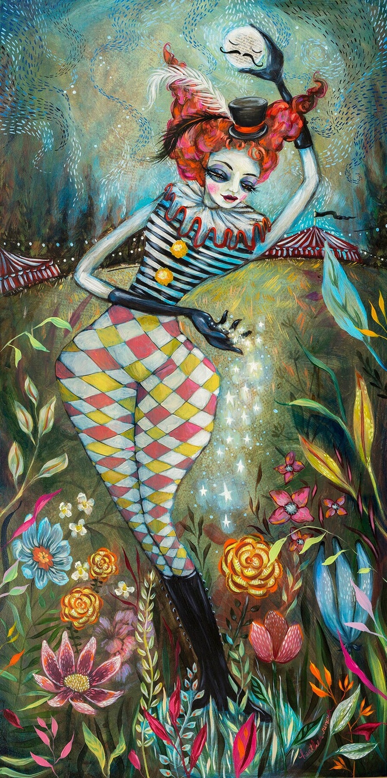 Circus Girl, Ringmaster, Circus Tent, Stars and Moon, Fine Art Print by ...