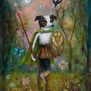 May include: A whimsical painting of a dog dressed as a warrior, holding a spear and shield. The dog is standing in a forest setting with flowers and a butterfly. The painting has a starry night sky with a crescent moon.