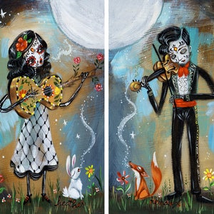 Peut inclure: Deux squelettes du Jour des Morts, l'un jouant de la guitare et l'autre du violon, se tiennent dans un champ de fleurs sous une pleine lune. Un lapin blanc et un renard &eacute;coutent la musique.
