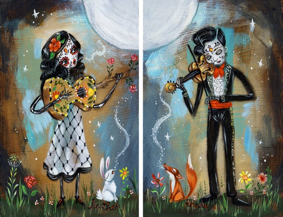 Valentine's Day Gift, Day of the Dead Romantic Couple Serenading Each Other with white rabbit and fox - Print by Heather Renaux