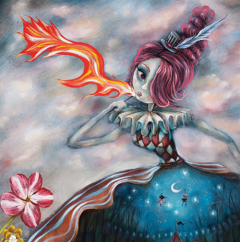 May include: A whimsical painting of a woman with pink hair, wearing a jester's costume and blowing fire from a stick. She is standing in front of a cloudy sky with a circus tent and stars in the background.