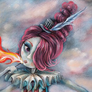 May include: A whimsical illustration of a clown with pink hair, a blue feather, and a black and white top hat. The clown is blowing a flame from a stick. The background is a soft blue and pink.