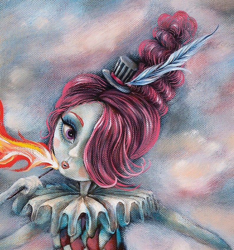 May include: A whimsical illustration of a clown with pink hair, a blue feather, and a black and white top hat. The clown is blowing a flame from a stick. The background is a soft blue and pink.