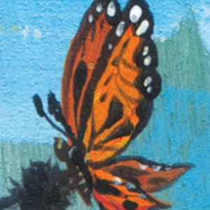 May include: A close-up of a monarch butterfly with orange and black wings, perched on a black flower with a blue background.