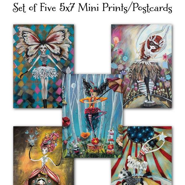 Mini Prints set of 5, Art Postcard Gift Set, 5x7 Art Prints, Circus Acrobats, Ring Master, butterfly headdress, Papillon, circus ring, stars