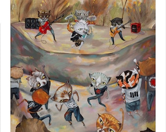 Cat, Punk Rock, Mosh Pit, Kitties, Dancing Cats, Concert T-shirts, Pop Folk Surrealism Kitty Print by Heather Renaux