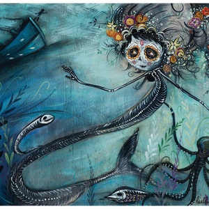 Mermaid, Shipwreck, Diver 'The Heart Wants' - Day of the Dead - Sugar Skull - Pop Surrealism Print - by Heather Renaux-unframed