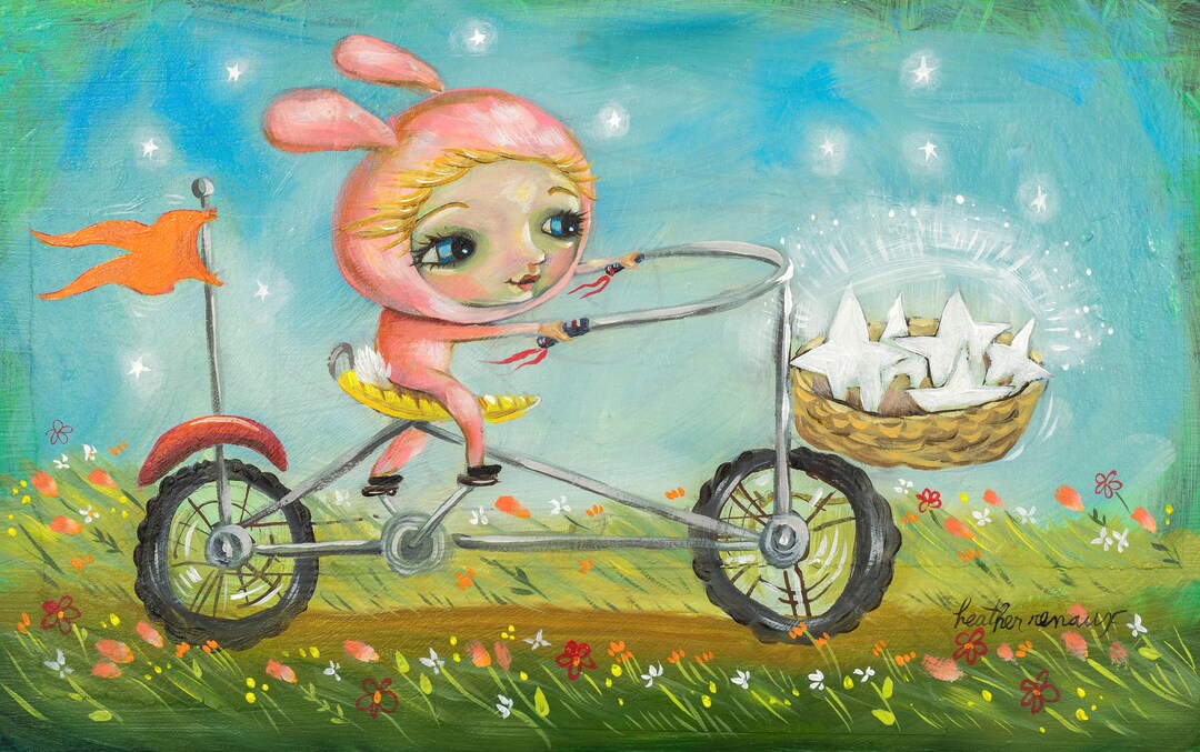 Lp Cover Rabbit Riding A Bike Rack Pink Bunny Riding Bicycle With Bssket of Stars, Banana Seat, Crazy Bike ...