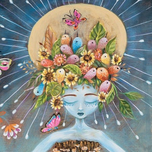 Carnival Carousel Woman, Mother Nature, Tiger, Dragon, Peacock, Birds, Stars, Folk Surrealism Art, Paper Print - by Heather Renaux