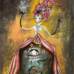 Circus Girl, Ringmaster, Kitty Cat, Circus Tent, Juggling, Juggler, Butterflies, Unicycle, Illusionist, fine art print