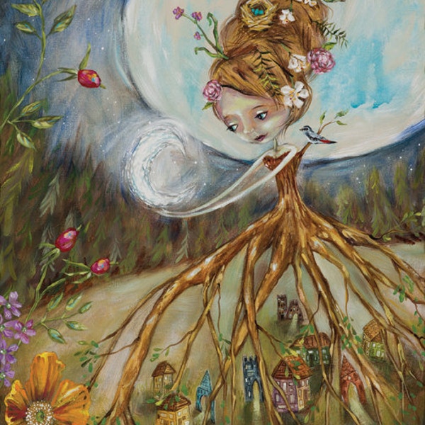 Tiny Houses, Flowers, Half Moon, Full Moon, Forest, Beehive Hair, "Mother Nature: Two Moons" Pop Folk Surrealism Print by Heather Renaux