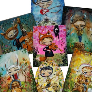 May include: A collection of eight whimsical paintings featuring colorful characters playing musical instruments. The paintings are on canvas and wood and feature a variety of styles and techniques.