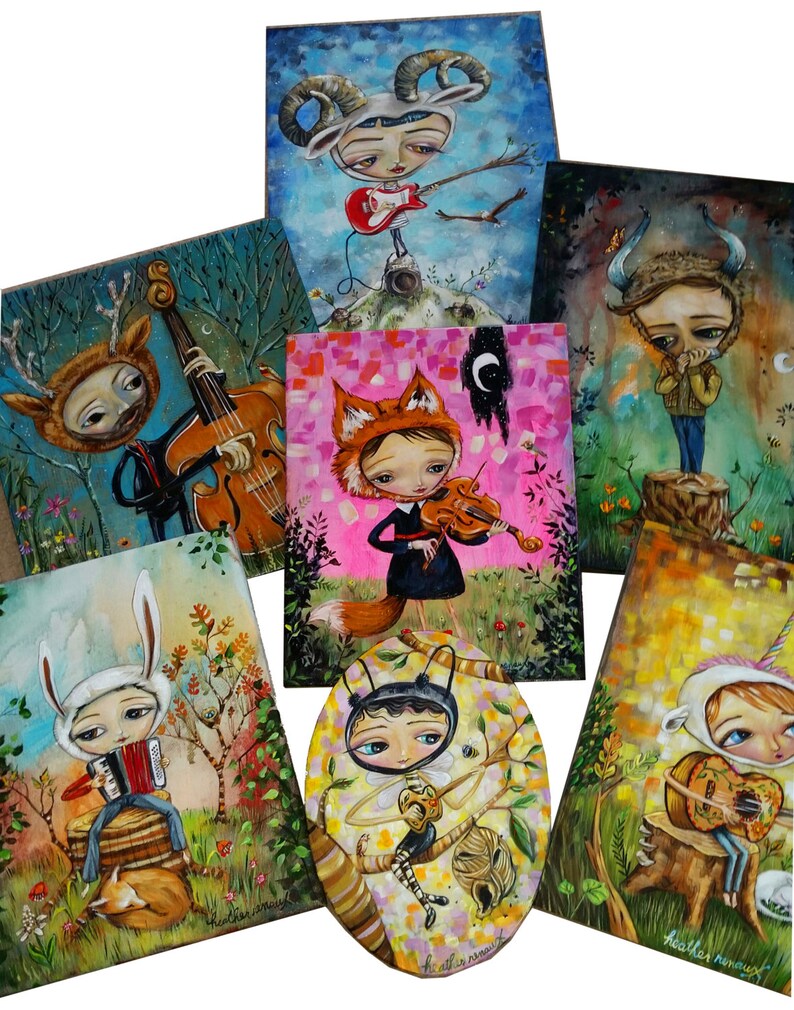 May include: A collection of eight whimsical paintings featuring colorful characters playing musical instruments. The paintings are on canvas and wood and feature a variety of styles and techniques.