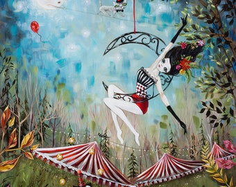 Circus Performers, Lyra Acrobat, Tight Rope Walker, Juggler, Cats Pop Surrealism, Heather Renaux