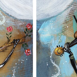 Peut inclure: Une peinture repr&eacute;sentant deux squelettes jouant des instruments de musique. Le squelette de gauche joue de la guitare avec un motif floral. Le squelette de droite joue du violon. Les deux squelettes ont des cr&acirc;nes de sucre peints et portent des v&ecirc;tements mexicains traditionnels.