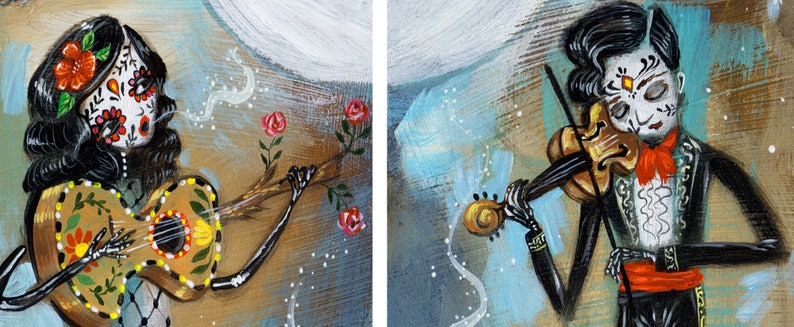 Peut inclure: Une peinture repr&eacute;sentant deux squelettes jouant des instruments de musique. Le squelette de gauche joue de la guitare avec un motif floral. Le squelette de droite joue du violon. Les deux squelettes ont des cr&acirc;nes de sucre peints et portent des v&ecirc;tements mexicains traditionnels.