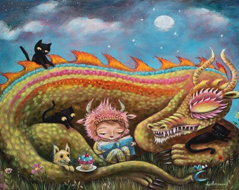 Big Friendly Dragon Art, Dragon, Black Cats, Hockey, Reading Books, Nursery Decor, Kids Room Art, Baby Shower Gift, Heather Renaux