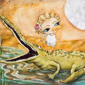 Girl, Swamp, Alligator, Florida, Full Moon - A Girl and Her Gator - Pop Folk Surrealism Kitty Stretched Canvas Print Wall Art
