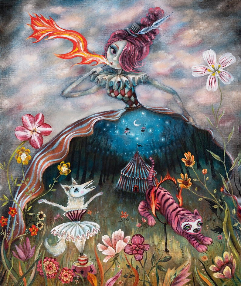 Fire Breather, Circus Girl, Ringmaster, Kitty Cat, Circus Tent, Pink Tiger, Flowers, Fine Art Print by Heather Renaux image 1