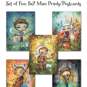 May include: Set of five 5x7 inch mini prints or postcards featuring whimsical illustrations of children dressed as animals playing musical instruments in a woodland setting. The illustrations are painted in a colorful style with a mix of bright and muted tones.