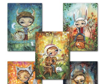 Mini Prints set of 5, Art Postcard Gift Set, 5x7 Art Prints, Musicians, Unicorn Guitarist,  Accordion, Violinist, Harmonica, Banjo, Forest