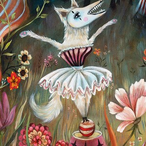 May include: A white wolf wearing a pink and white tutu and a red and white striped ball on its head, balancing on a red and white striped ball on a pink platform with black stars. The wolf is in a field of flowers, including pink, orange, and yellow flowers.