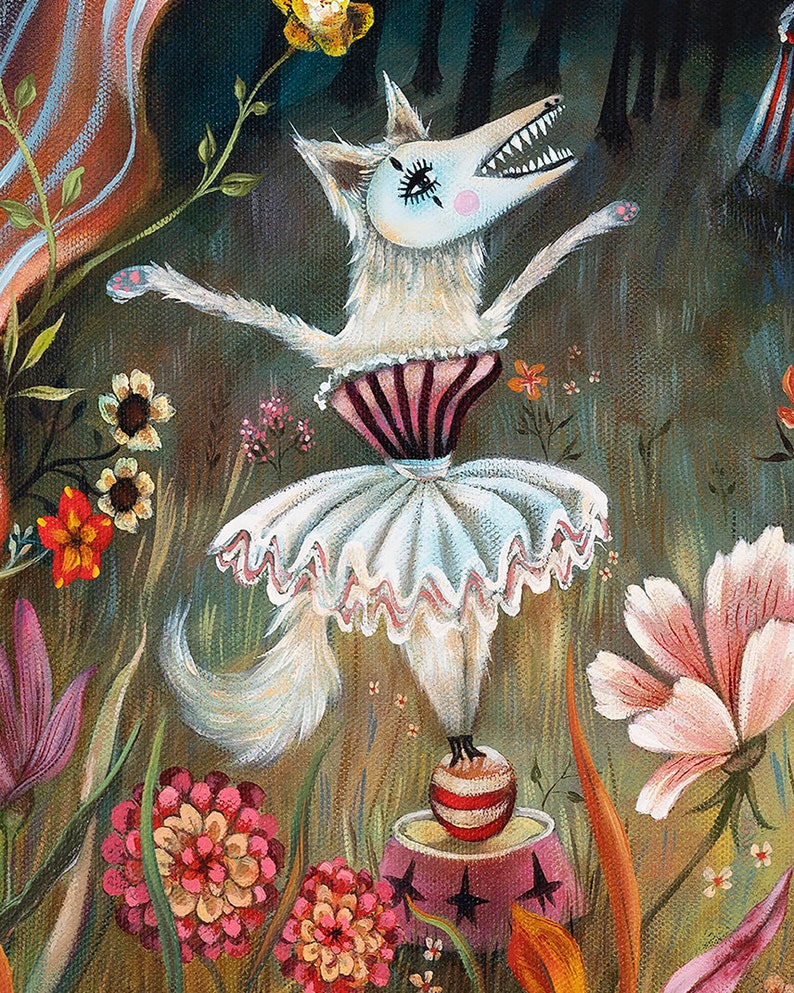 May include: A white wolf wearing a pink and white tutu and a red and white striped ball on its head, balancing on a red and white striped ball on a pink platform with black stars. The wolf is in a field of flowers, including pink, orange, and yellow flowers.