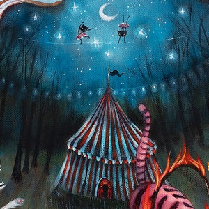 May include: A whimsical painting depicting a circus tent set in a dark forest at night. Two figures in black dresses are walking on a tightrope beneath a crescent moon and stars. A pink tiger with a fiery mane is in the foreground.