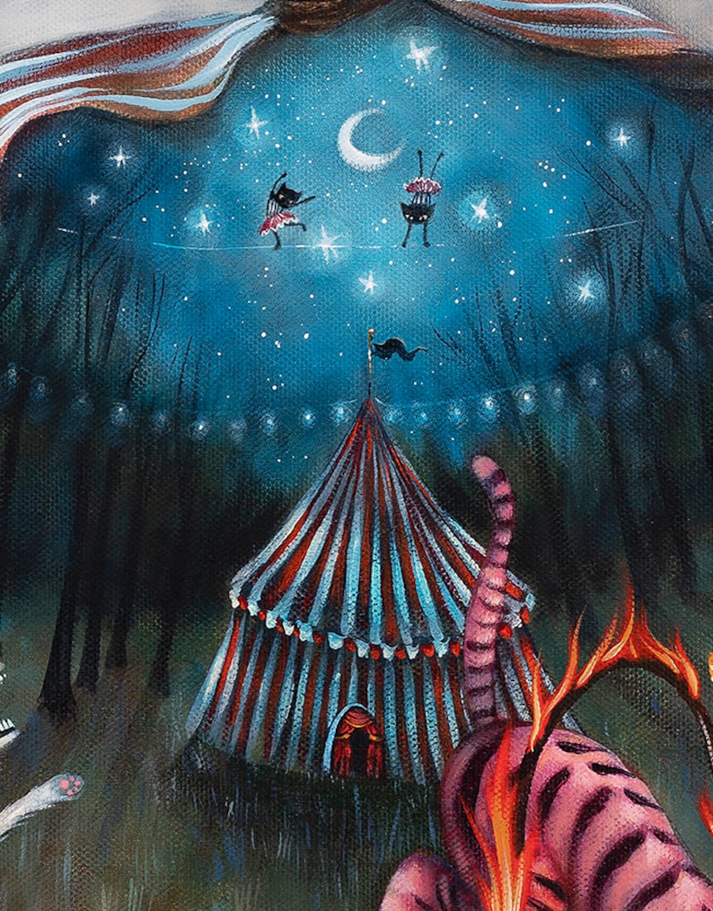 May include: A whimsical painting depicting a circus tent set in a dark forest at night. Two figures in black dresses are walking on a tightrope beneath a crescent moon and stars. A pink tiger with a fiery mane is in the foreground.