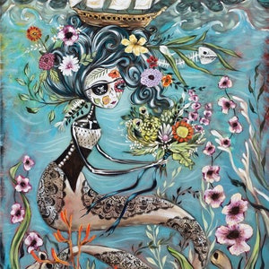 Mermaid, Day of the Dead, Sugar Skull, Pirate Ship, Sea, Flowers- Pop Surrealism Fine Art Print - by Heather Renaux-unframed