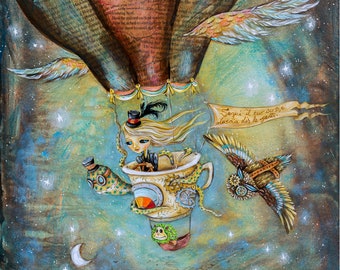 May include: A whimsical illustration of a girl flying in a hot air balloon shaped like a teacup. The balloon is decorated with gears and a compass. The girl is wearing a top hat and holding a steering wheel. The background is a starry night sky with a crescent moon. The text "Sequi il tuo corsee blascia dir le genti" is written on a banner.