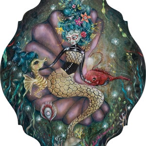 Mermaid, Day of the Dead, Sugar Skull, Seahorse, Seashell, Flowers- Pop Surrealism Fine Art Print - by Heather Renaux-unframed