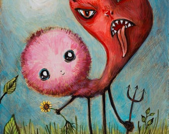 Pink Fuzzy Monster - Pop Folk Surrealism Print by Heather Renaux