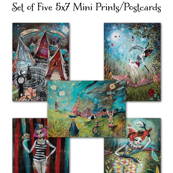 Mini Prints set of 5, Art Postcard Gift Set, 5x7 Art Prints, The Night Circus, Erin Morgenstern, Circus Performers, Tight Rope Walker, Lyra
