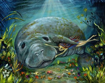 Manatee Art, Manatee Lover Gift, Nursery Art, Pop Folk Surrealism Manatee Print by Heather Renaux