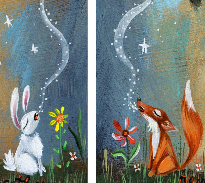 Peut inclure: Un lapin blanc et un renard orange sont assis dans un champ de fleurs. Ils regardent tous les deux le ciel, qui est rempli d'&eacute;toiles. Le lapin souffle des bulles et le renard souffle de la fum&eacute;e.