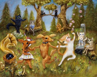 Portrait d'animal de compagnie, chiens et chats dans une forêt
